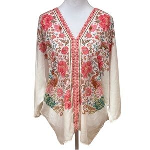 NWOT Rose & Olive Pink Floral Blouse with Peacock Design